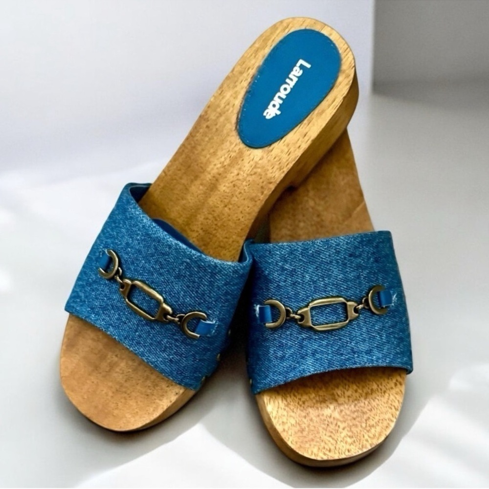 Larroude Zuzi Slip On Studded Embellished Platform Denim Sandals Clogs Size 8
